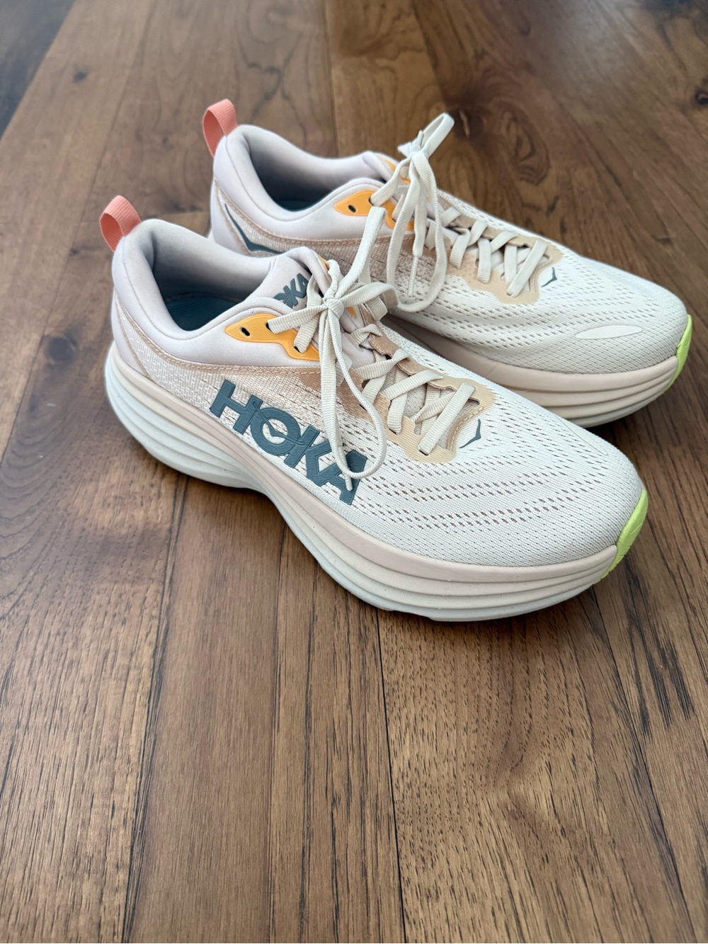 Hoka Cream Running Sneakers with Yellow and Gray Accents